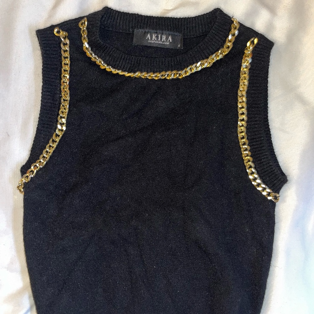 Black Cropped Sweater Tank with gold Chain embellishment
